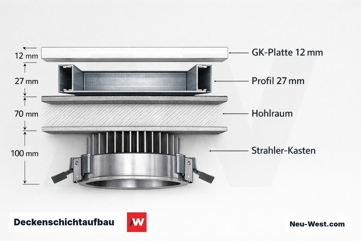 Deckenschichtaufbau – Mindesteinbautiefe Einbaustrahler – Erklär-Grafik (NEUWEST Berlin)