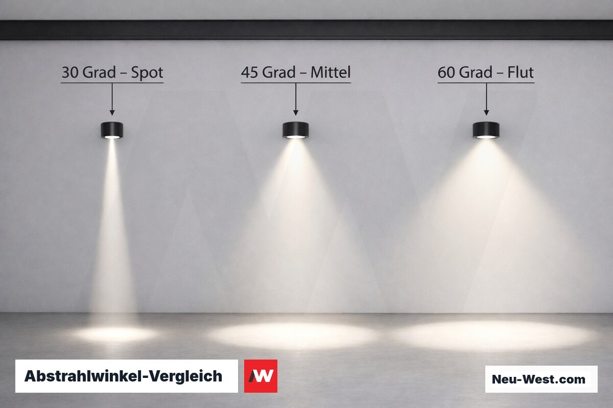 Abstrahlwinkel-Vergleich: 30° / 45° / 60° bei 2,50 m Raumhöhe – Erklär-Grafik (NEUWEST Berlin)