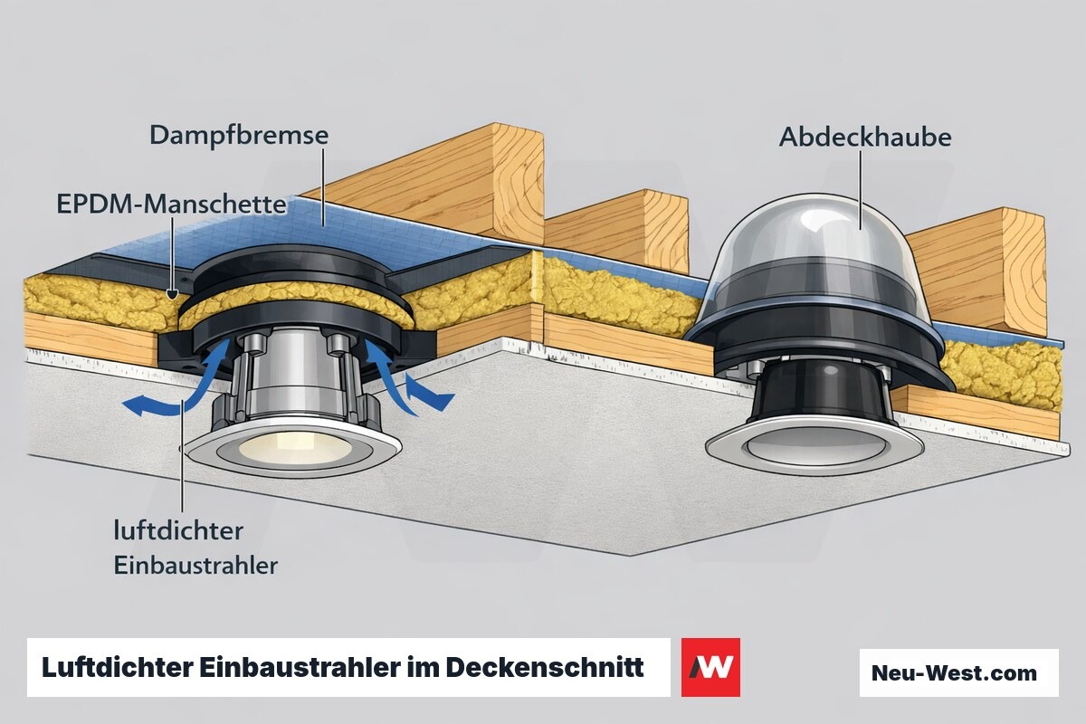 Deckenquerschnitt: luftdichter Einbaustrahler mit EPDM-Manschette und Abdeckhaube, verklebt an Dampfbremse ueber Gipskarton und Daemmung.