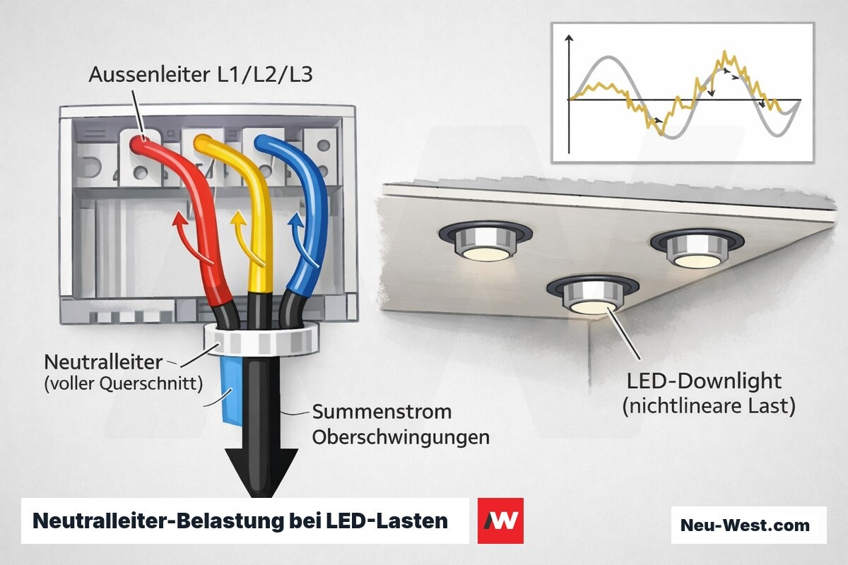 Cutaway-Schema: Dreiphasen-Stromkreis mit voll dimensioniertem Neutralleiter, Oberschwingungs-Summenstrom und LED-Downlights als nichtlineare Last.