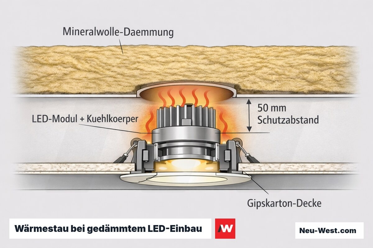 Querschnitt eines LED-Deckeneinbaustrahlers mit Kühlkörper, Gipskartondecke und 50 mm Schutzabstand zur Mineralwolle-Dämmung.