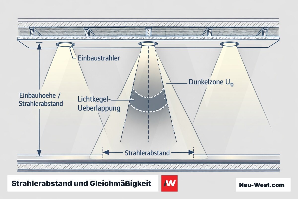 Deckenschnitt mit Einbaustrahlern, überlappenden Lichtkegeln und Dunkelzone zur Gleichmäßigkeit U₀ nach EN 12464-1.