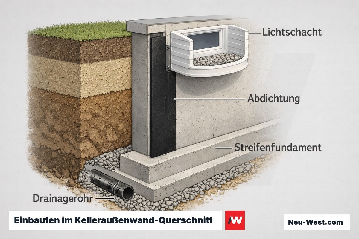 Querschnitt einer Kelleraußenwand mit Lichtschacht, Abdichtung, Streifenfundament und Drainagerohr im Erdreich.