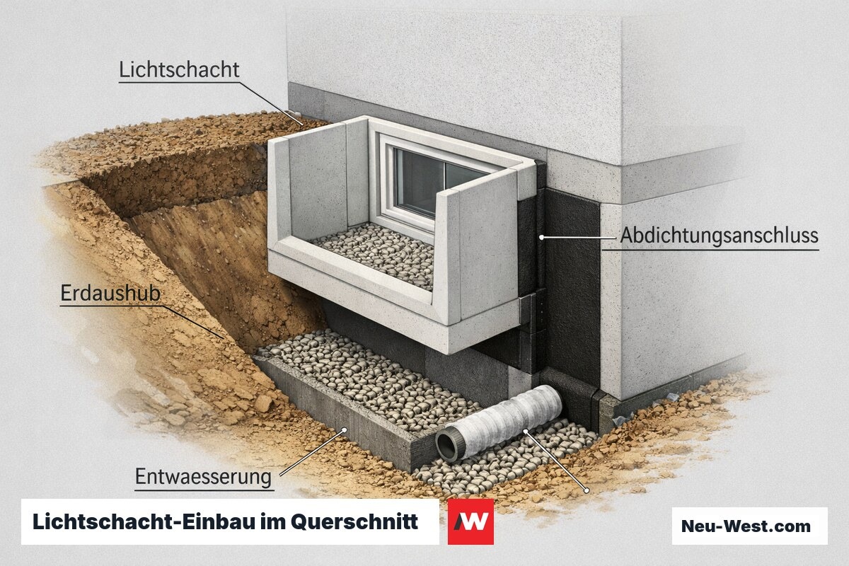 Querschnitt eines Lichtschachts an der Kellerwand mit Erdaushub, Abdichtungsanschluss, Kiesbett und Entwässerungsleitung.