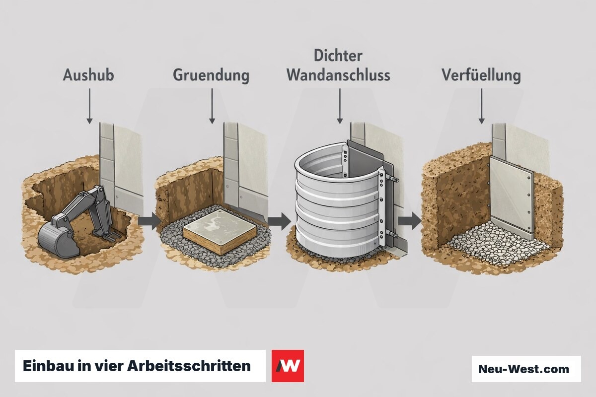 Prozessgrafik in vier Schritten: Aushub, Fundament-Gründung, dichter Anschluss des Einbaus an die Kellerwand und fachgerechte Verfüllung.