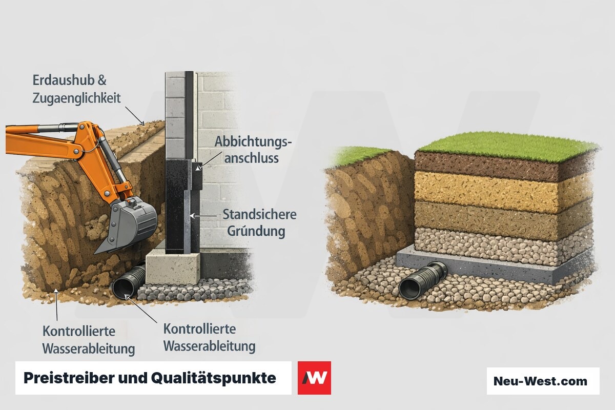 Erklärgrafik zeigt Erdaushub, Abdichtungsanschluss, standsichere Gründung und Wasserableitung als Kosten- und Qualitätsfaktoren.
