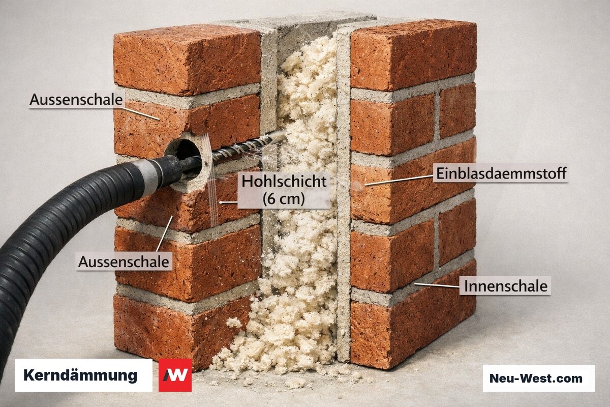 Querschnitt zweischaliges Mauerwerk mit Kernbohrung und Einblasdämmstoff der die Hohlschicht füllt