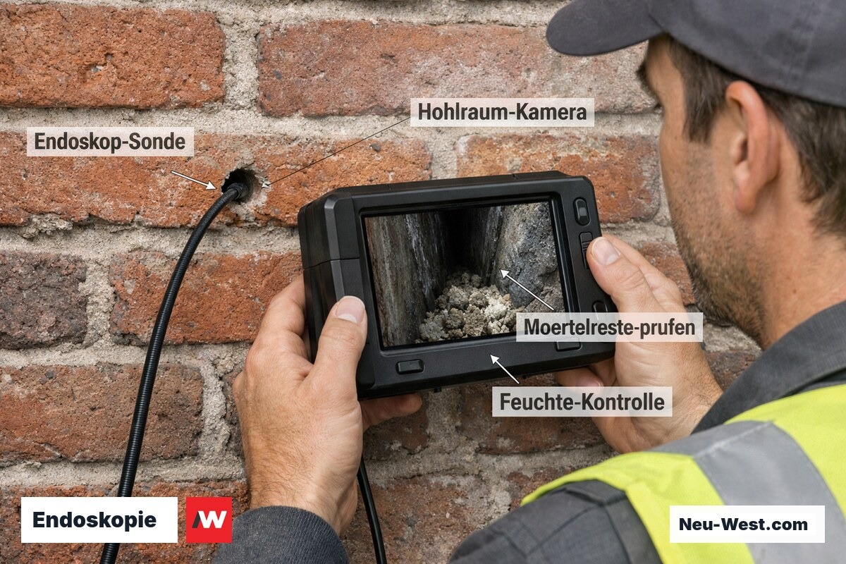 Fachmann führt Endoskopie-Kamera durch Bohrung in Backsteinwand zur Hohlraum-Kontrolle