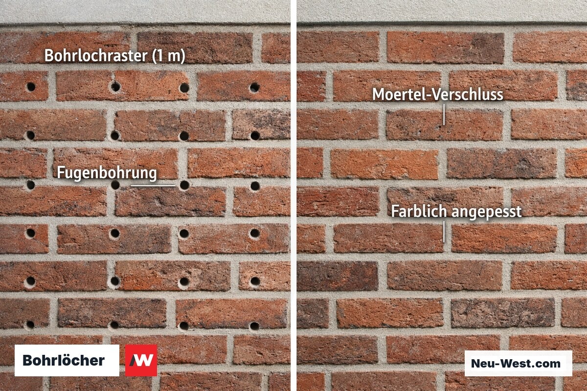 Backsteinfassade mit Bohrloch-Raster vor der Dämmung und farblich verschlossenen Löchern danach