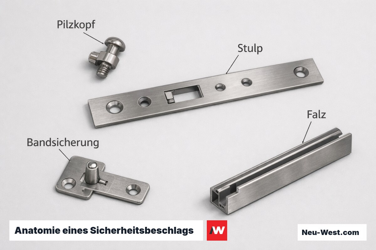 Anatomie eines Sicherheitsbeschlags: Komponenten im Detail – Erklär-Grafik (NEUWEST Berlin)