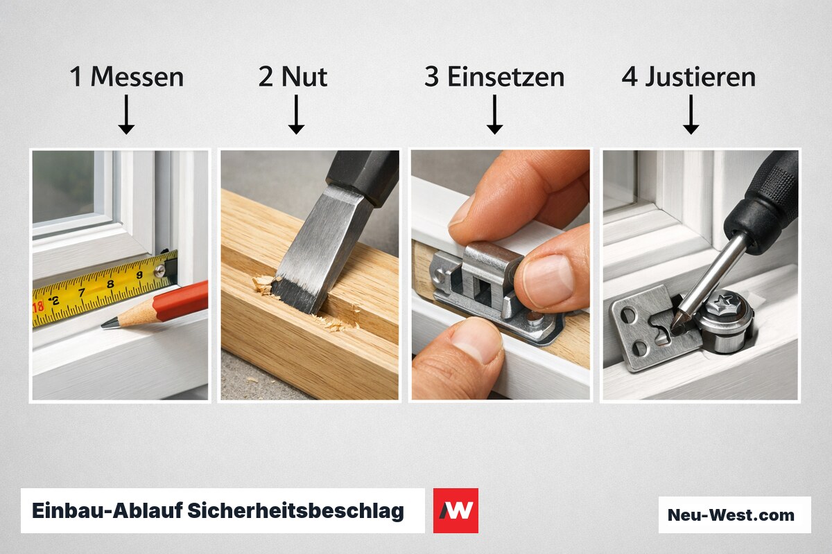 Einbau-Ablauf Sicherheitsbeschlag: 4 kritische Schritte – Erklär-Grafik (NEUWEST Berlin)