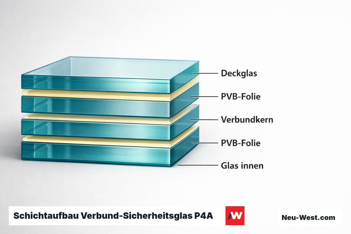 Schichtaufbau Verbund-Sicherheitsglas P4A nach DIN EN 356 – Erklär-Grafik (NEUWEST Berlin)