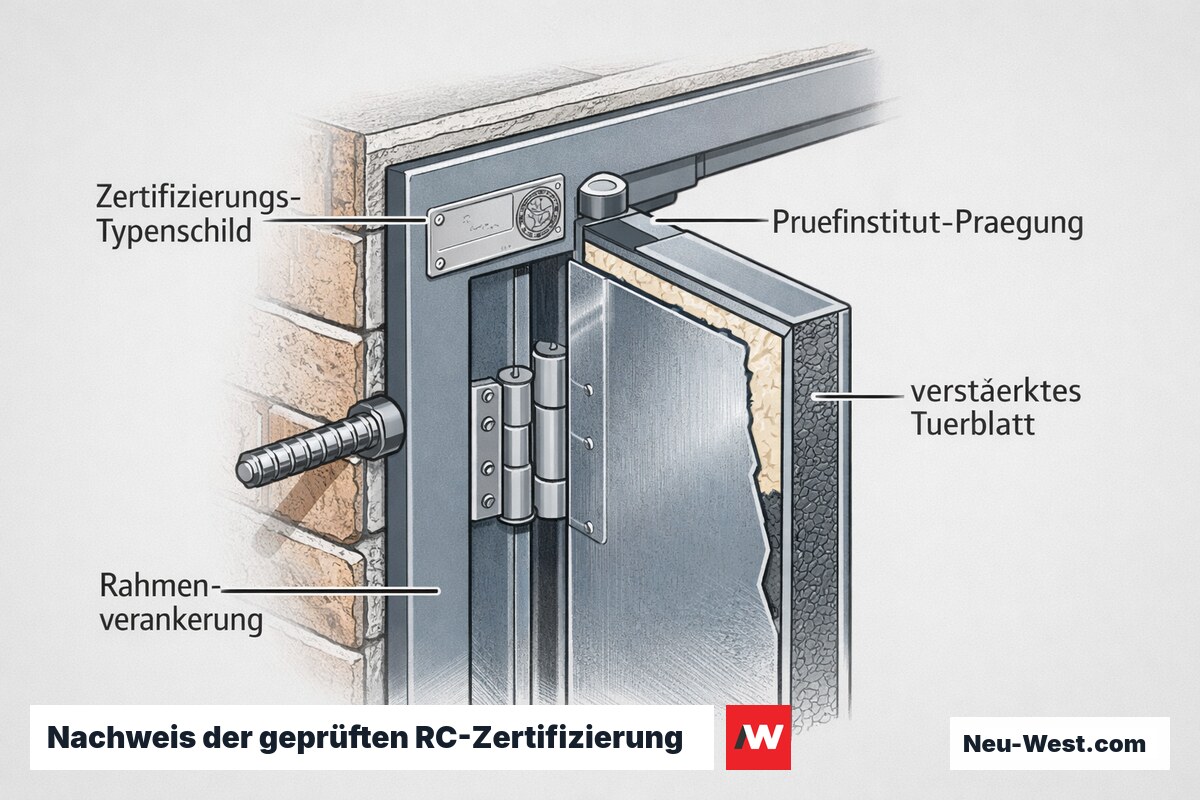 Detailgrafik: Sicherheitstür-Kante mit geprägtem Zertifizierungs-Typenschild und Prüfinstitut-Marke als Nachweis echter EN-Normkonformität statt WK-Eigenangabe.