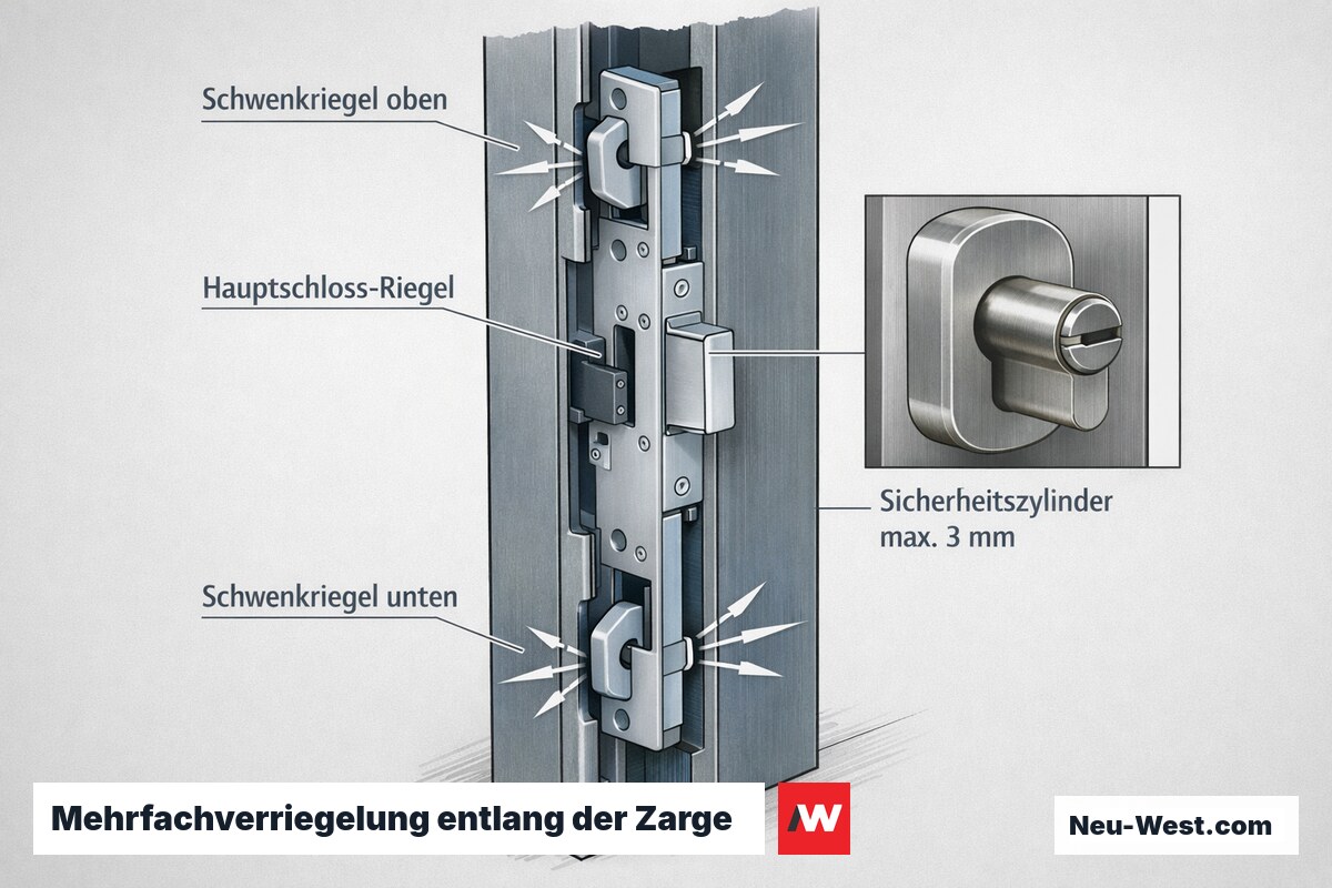Querschnitt einer Tür mit Mehrfachverriegelung: Schwenkriegel oben und unten sowie Hauptriegel verteilen die Einbruchkraft auf die Stahlzarge, plus bündiger Sicherheitszylinder.