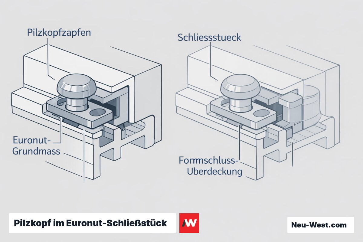 Querschnitt eines Pilzkopfzapfens im Euronut-Beschlag, der formschlüssig hinter das Schließstück greift, mit Überdeckung und Nuttiefe.