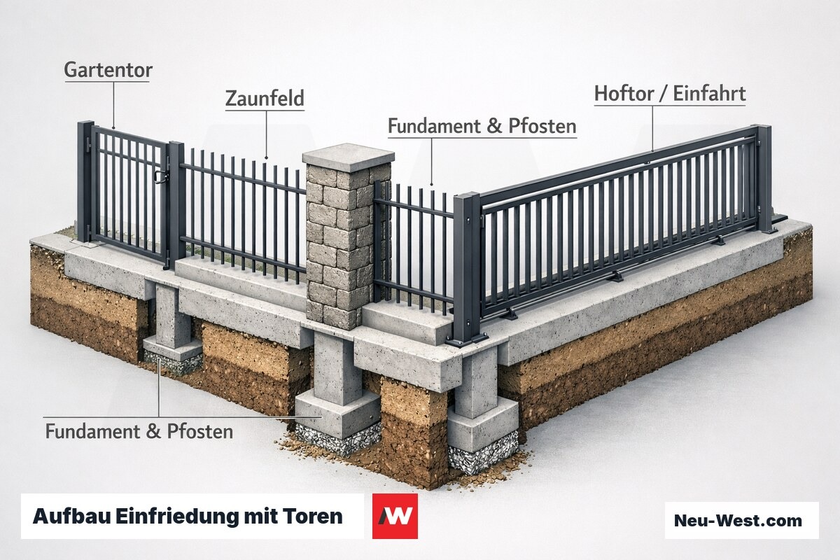 Cutaway-Illustration einer Grundstückseinfriedung: Zaunfeld, Gartentor, Hoftor und Pfostenfundament als beschriftete Bauteile im Überblick.