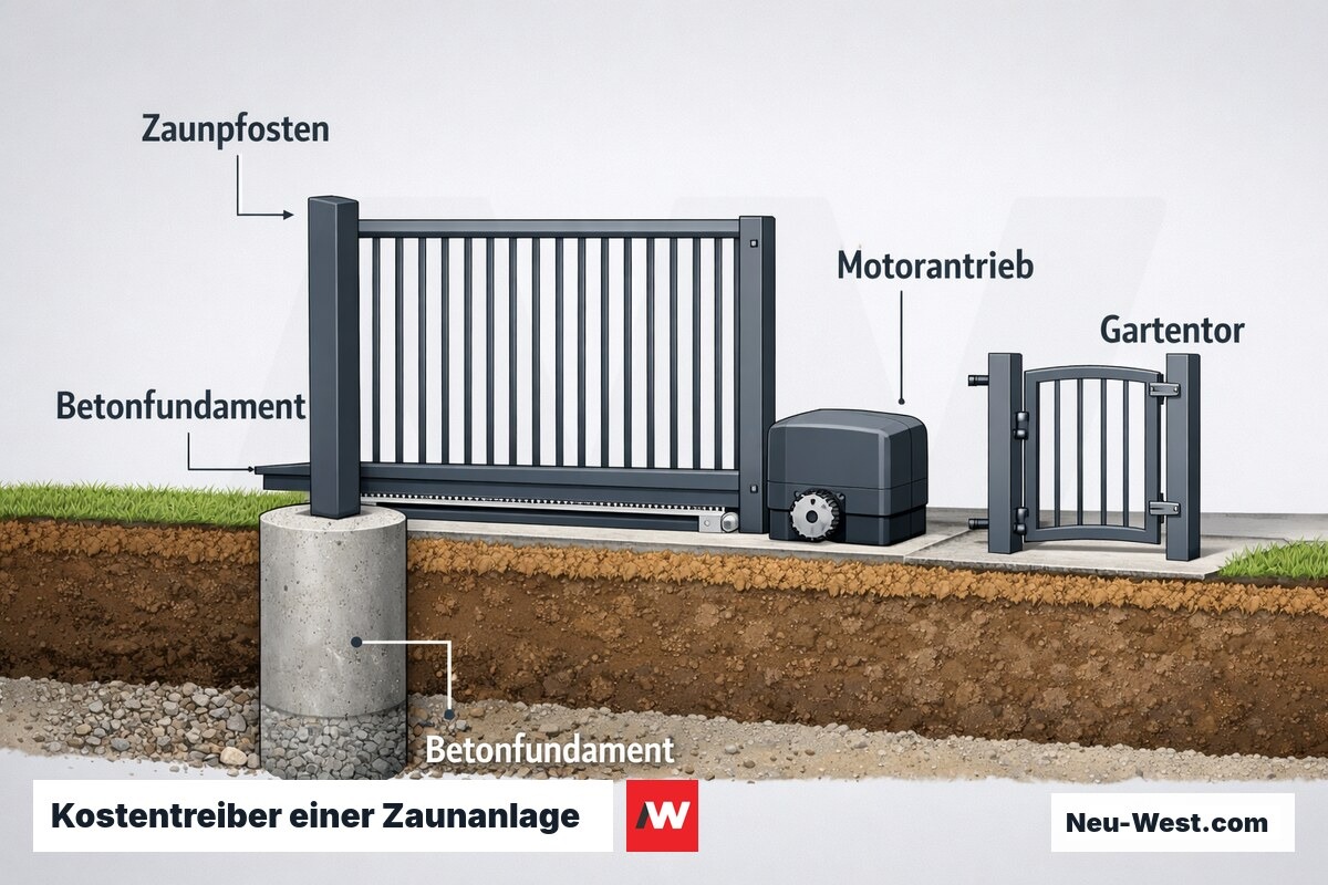 Querschnitt einer Zaunanlage mit Betonfundament, Pfosten, motorisiertem Einfahrtstor und Gartentor als Kostentreiber.