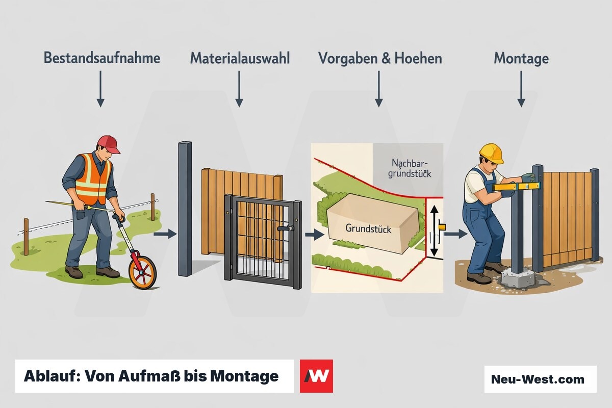 Prozess-Sequenz einer Einfriedung: Aufmaß vor Ort, Materialauswahl, Klärung von Vorgaben und Höhen sowie Montage von Zaun und Tor mit Fundament.