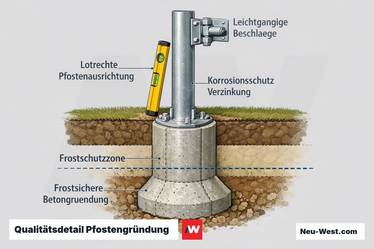 Detail-Querschnitt einer Pfostengründung mit frostsicherem Betonfundament, verzinktem Pfosten, lotrechter Ausrichtung und Torbeschlag.