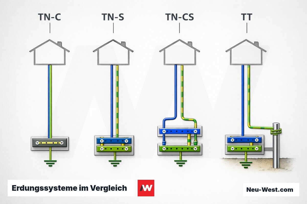 Erdungssysteme im Vergleich: TN-C, TN-S, TN-C-S, TT – Erklär-Grafik (NEUWEST Berlin)