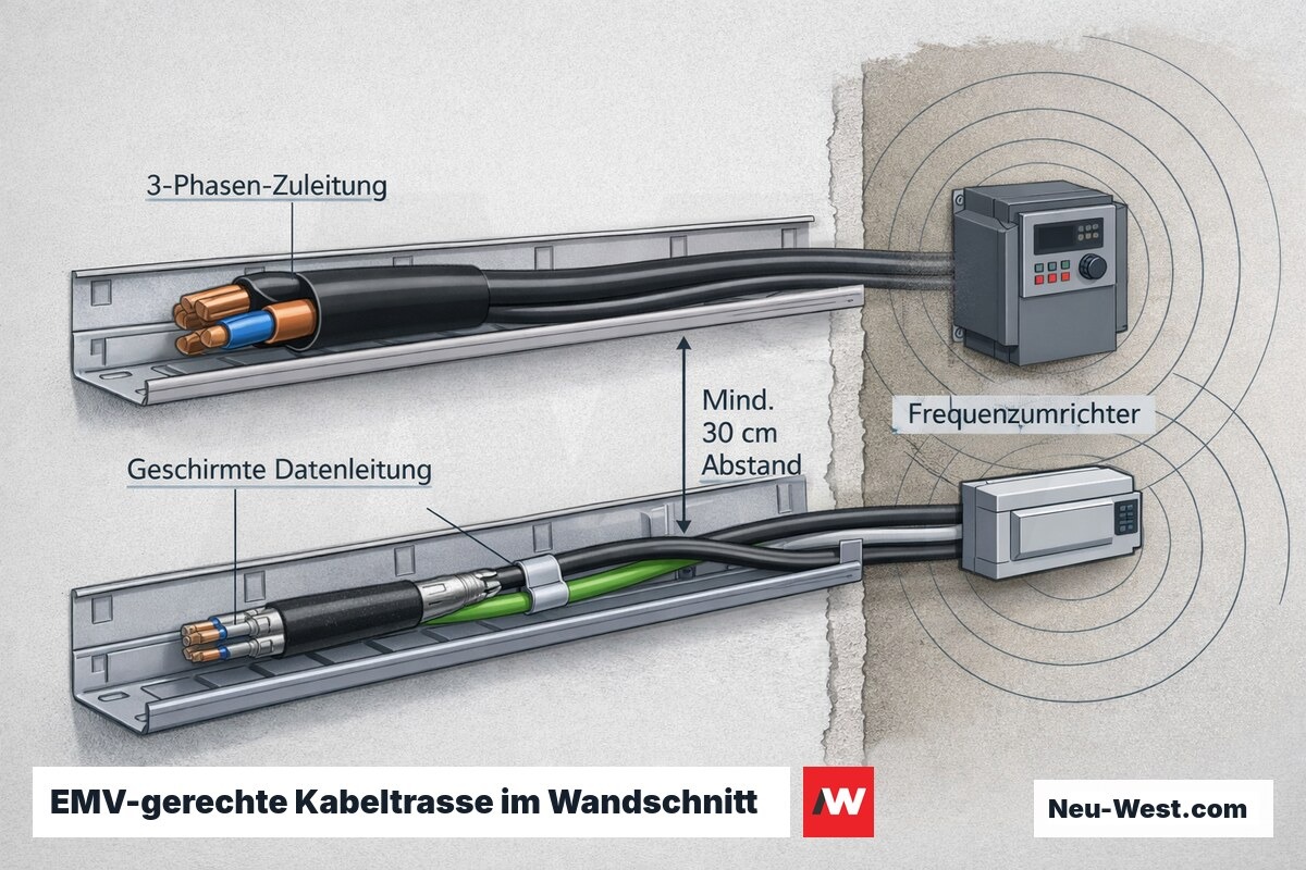 Wandschnitt mit getrennten Kabeltrassen: Starkstromleitung oben, geschirmte Datenleitung unten, 30 cm Abstand, Störquellen wie Frequenzumrichter.