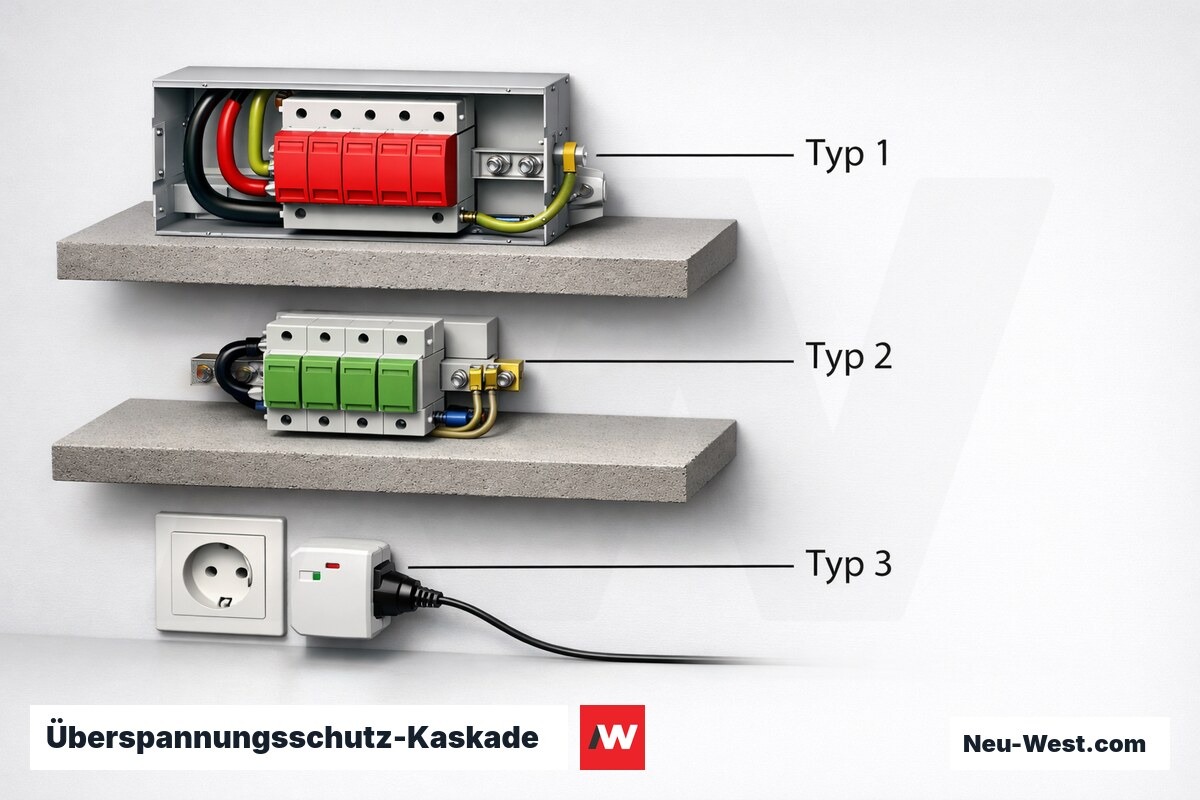 Überspannungsschutz-Kaskade: Typ 1, Typ 2, Typ 3 – Erklär-Grafik (NEUWEST Berlin)