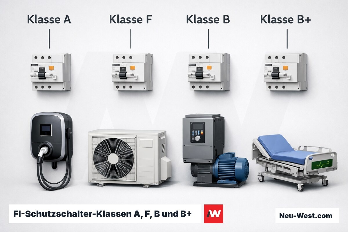 FI-Schutzschalter-Klassen A, F, B und B+ im Vergleich – Erklär-Grafik (NEUWEST Berlin)