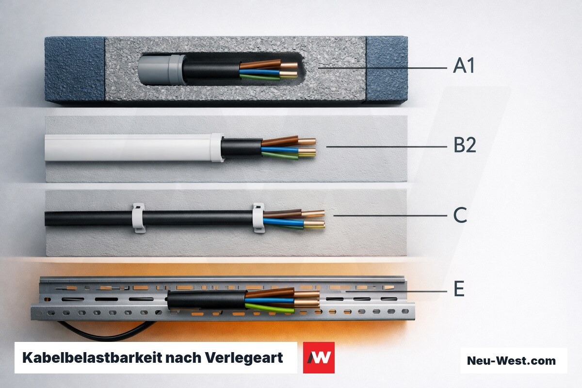 Kabelbelastbarkeit nach Verlegeart: A1, B2, C, E – Erklär-Grafik (NEUWEST Berlin)