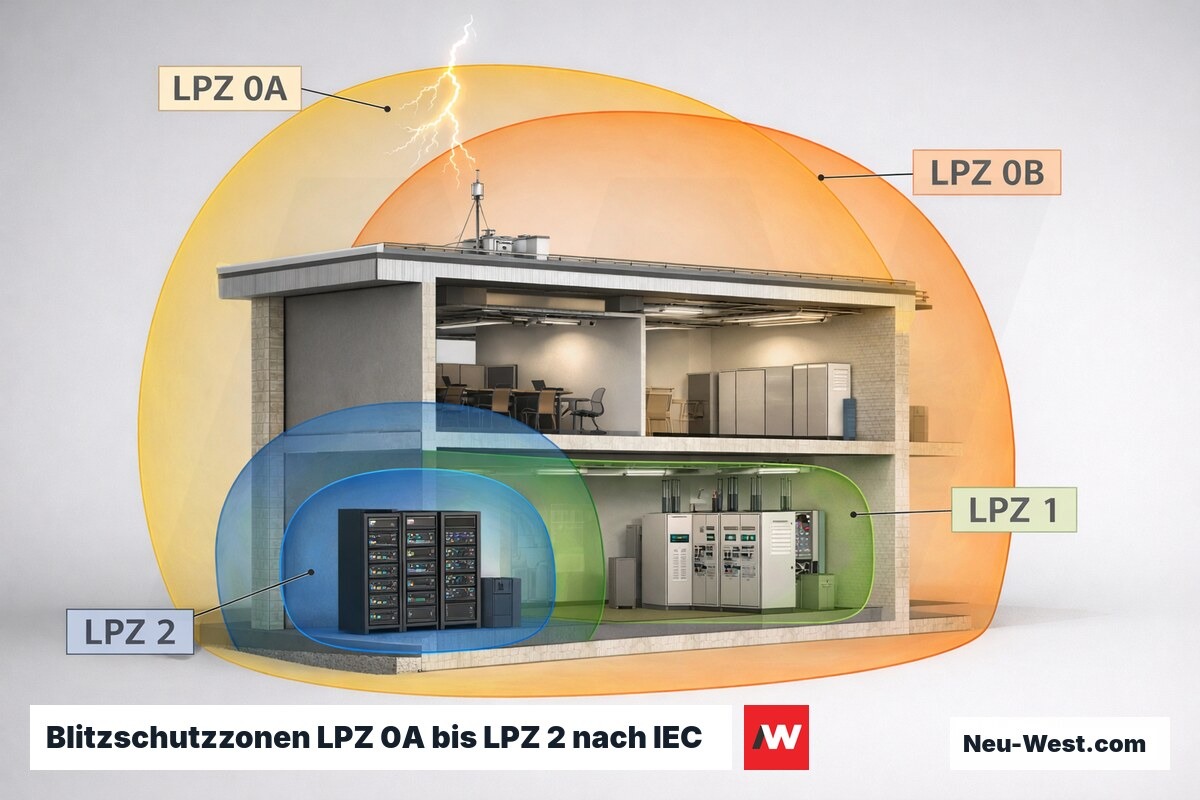 Blitzschutzzonen LPZ 0A bis LPZ 2 nach IEC 62305 – Erklär-Grafik (NEUWEST Berlin)