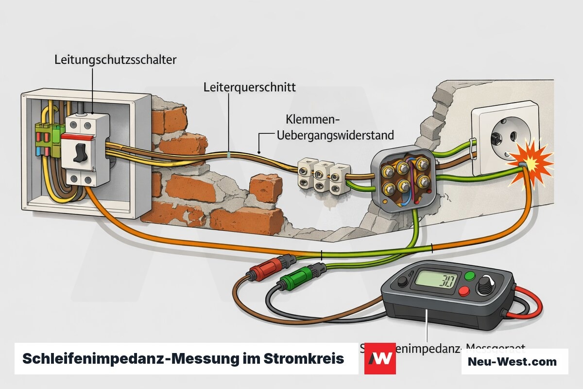 Cutaway-Schema der Fehlerschleife: Leitungsschutzschalter, dünner Leiterquerschnitt, korrodierte Klemmen und Schleifenimpedanz-Messgerät am Stromkreis.