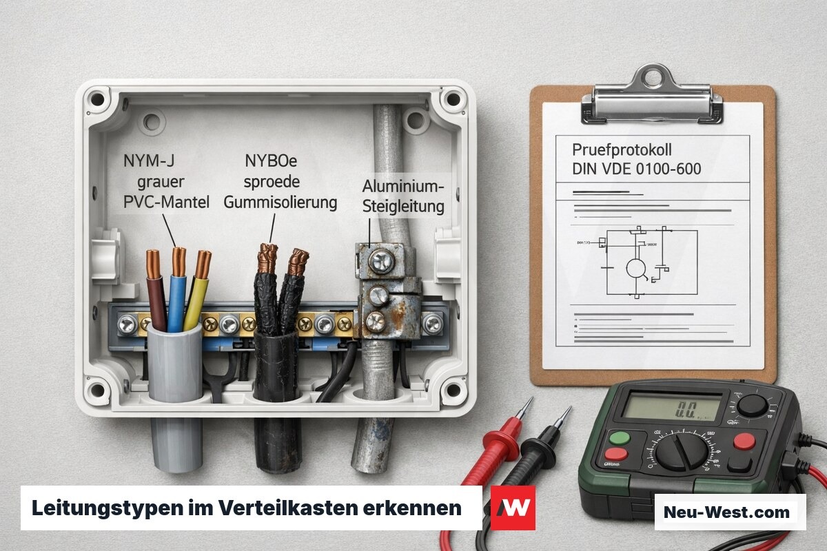 Cutaway eines Verteilkastens mit NYM-J-, spröder NYBÖ- und Aluminium-Leitung sowie Elektro-Prüfprotokoll zur Bewertung des Erneuerungsbedarfs.