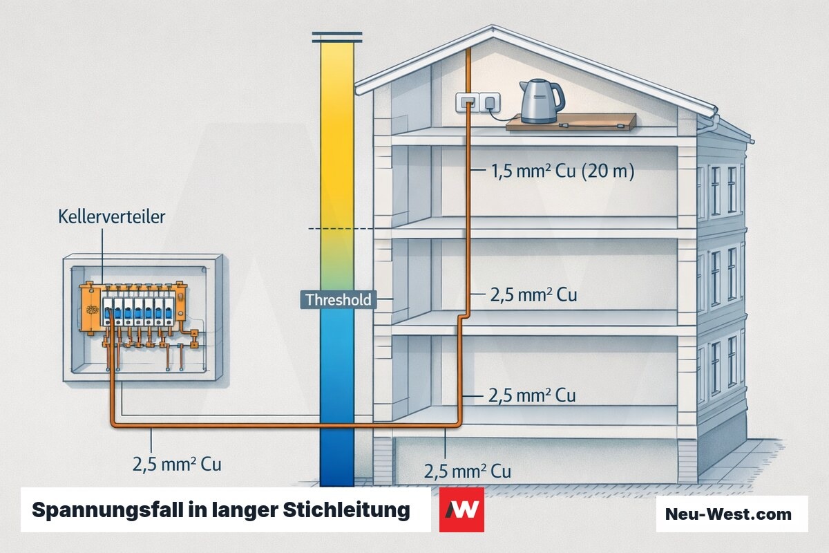 Gebäudeschnitt Gründerzeithaus: lange Stichleitung vom Kellerverteiler zur Dachgeschosswohnung mit Querschnittsstufung und Spannungsfall-Verlauf bei 16-A-Last.