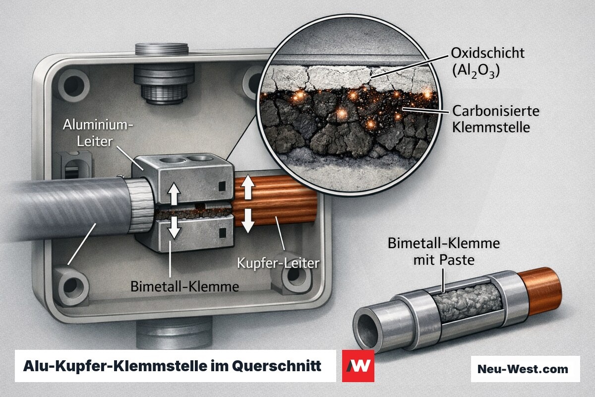 Querschnitt einer Aluminium-Kupfer-Klemme mit aufgebrochener Oxidschicht, Funken, carbonisierter Kontaktstelle und bimetallischer Verbindungsklemme mit Kontaktpaste.