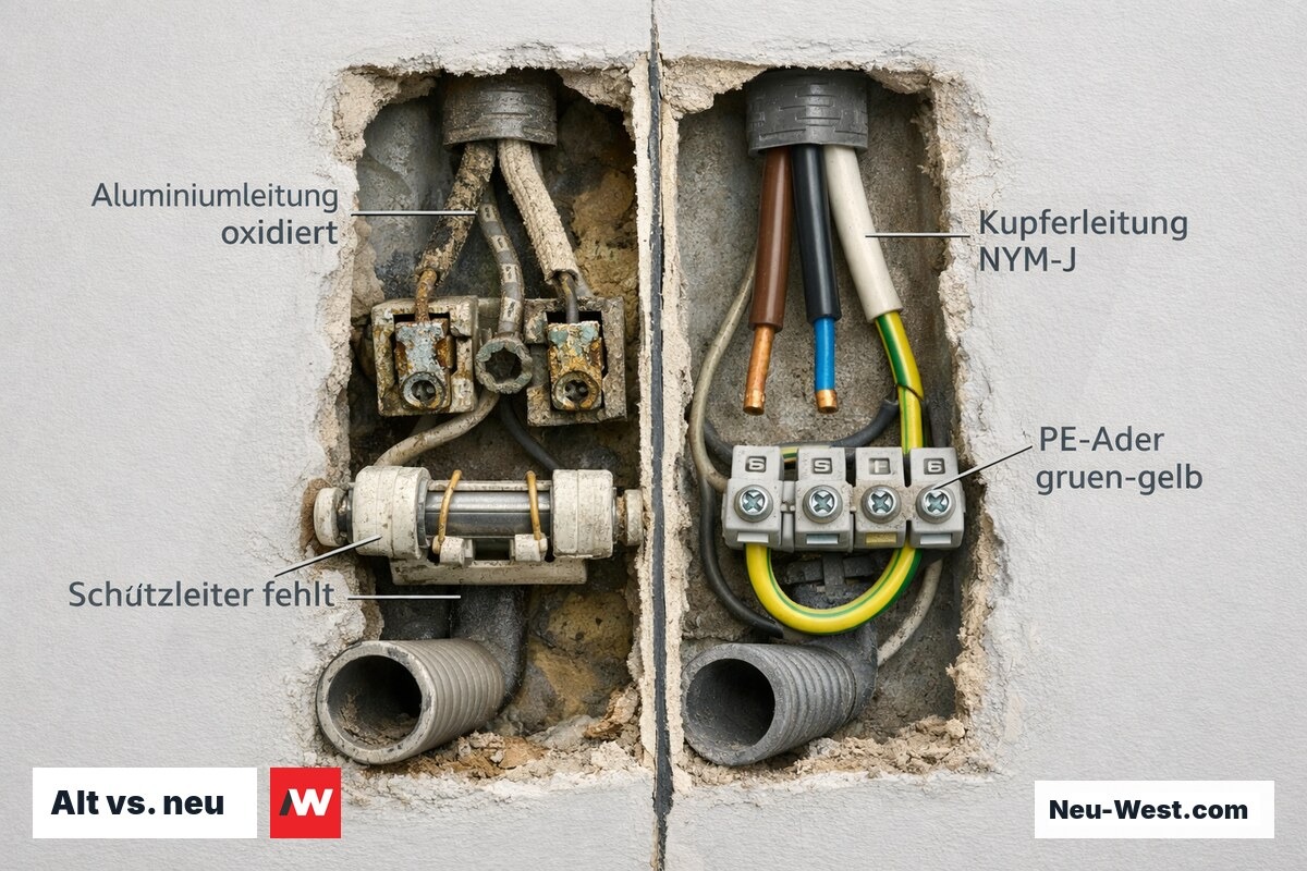 Wandquerschnitt zeigt links veraltete Aluminiumleitung ohne Schutzleiter, rechts moderne Kupferleitung NYM-J mit PE-Ader, ca. 120 Zeichen