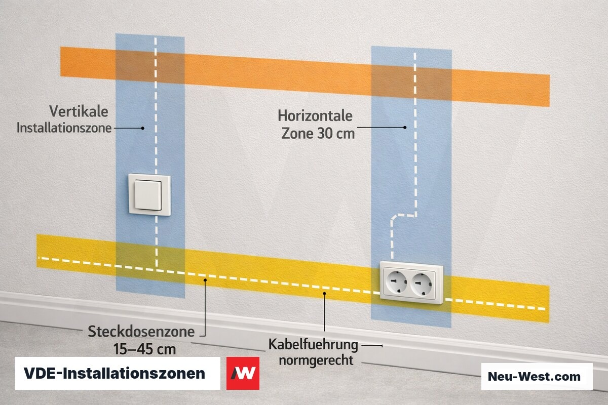 Wandaufriss mit farbig markierten VDE-Installationszonen für Steckdosen, Schalter und Leitungsführung im Wohnraum, ca. 140 Zeichen