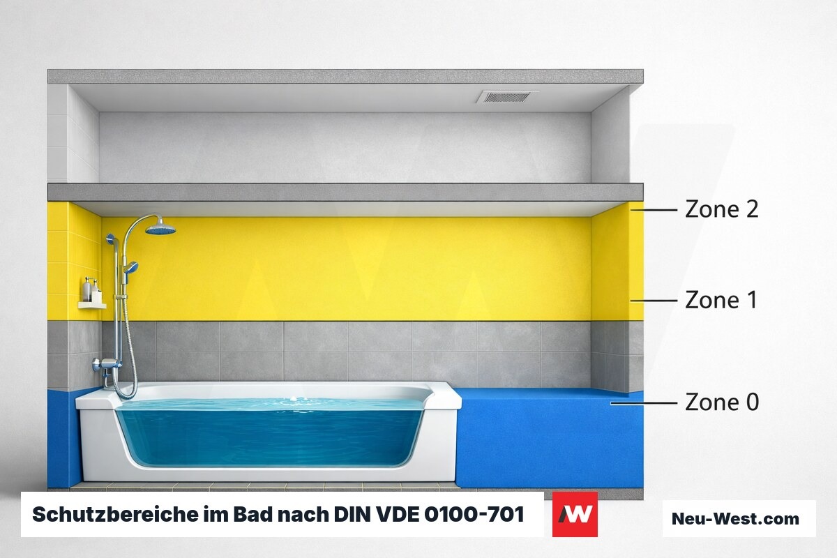 Schutzbereiche im Bad nach DIN VDE 0100-701 – Erklär-Grafik (NEUWEST Berlin)