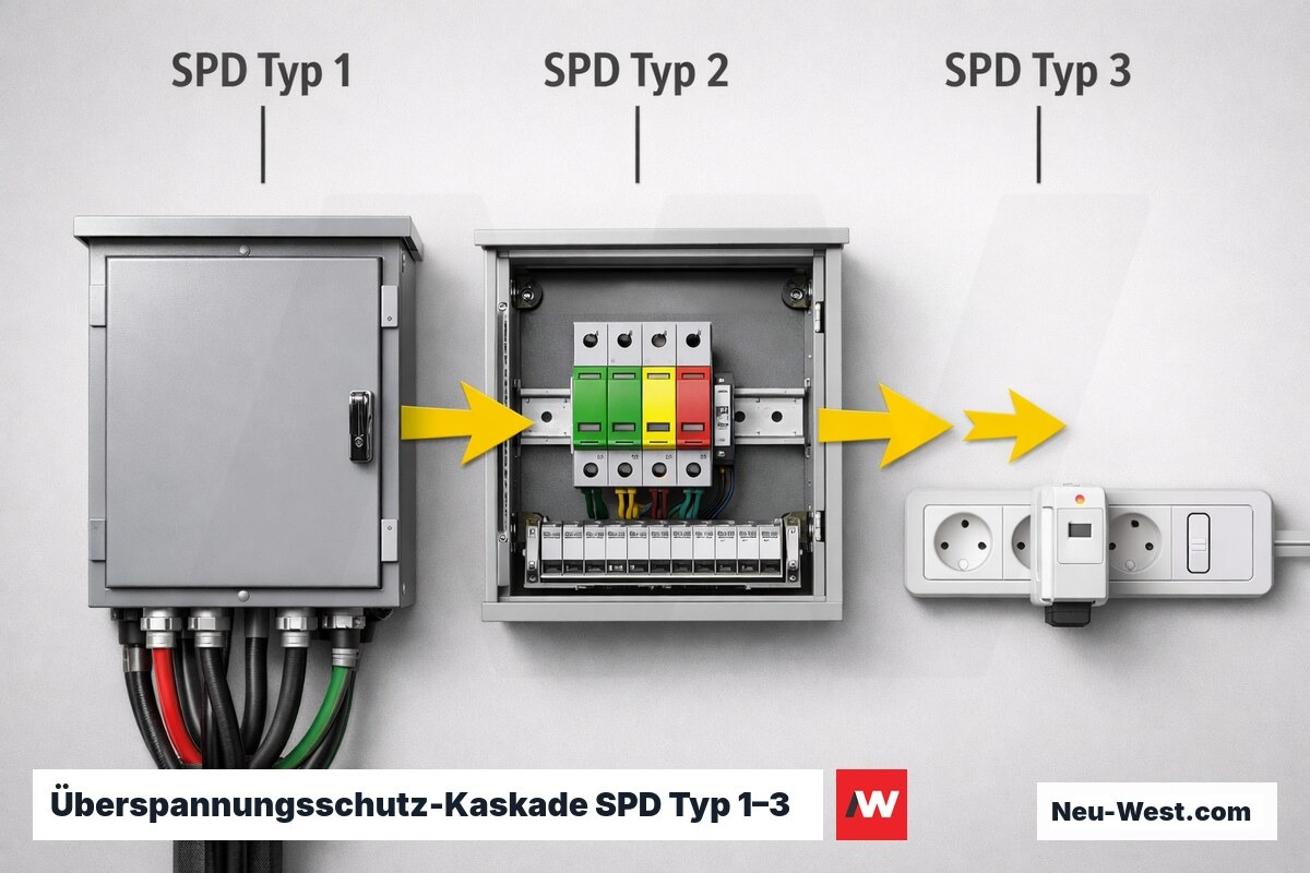 Überspannungsschutz-Kaskade SPD Typ 1–3 nach IEC 61643 – Erklär-Grafik (NEUWEST Berlin)