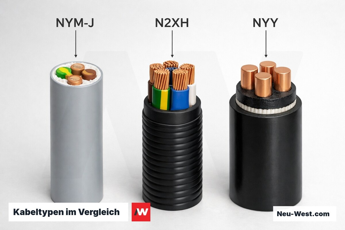 Kabeltypen im Vergleich: NYM-J, N2XH, NYY – Erklär-Grafik (NEUWEST Berlin)