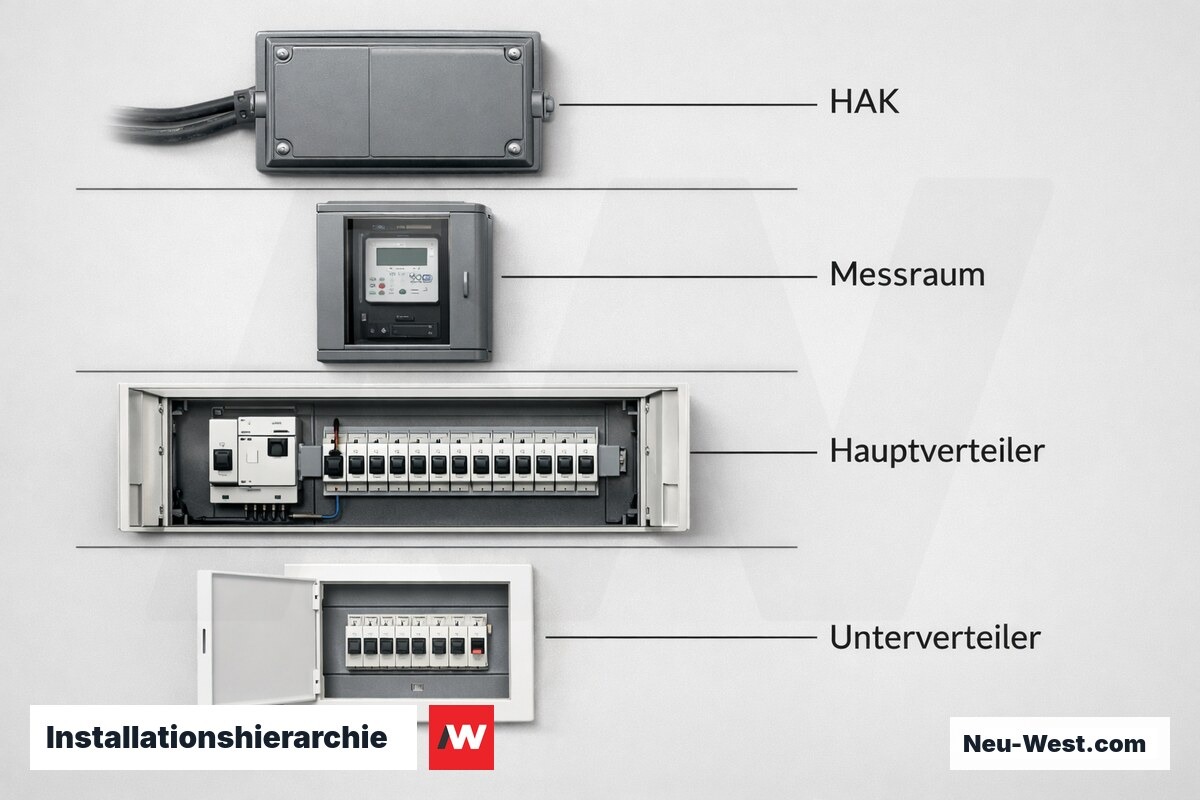 Installationshierarchie: HAK bis Unterverteiler – Erklär-Grafik (NEUWEST Berlin)