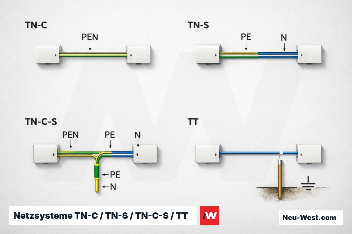 Netzsysteme TN-C / TN-S / TN-C-S / TT im Vergleich – Erklär-Grafik (NEUWEST Berlin)