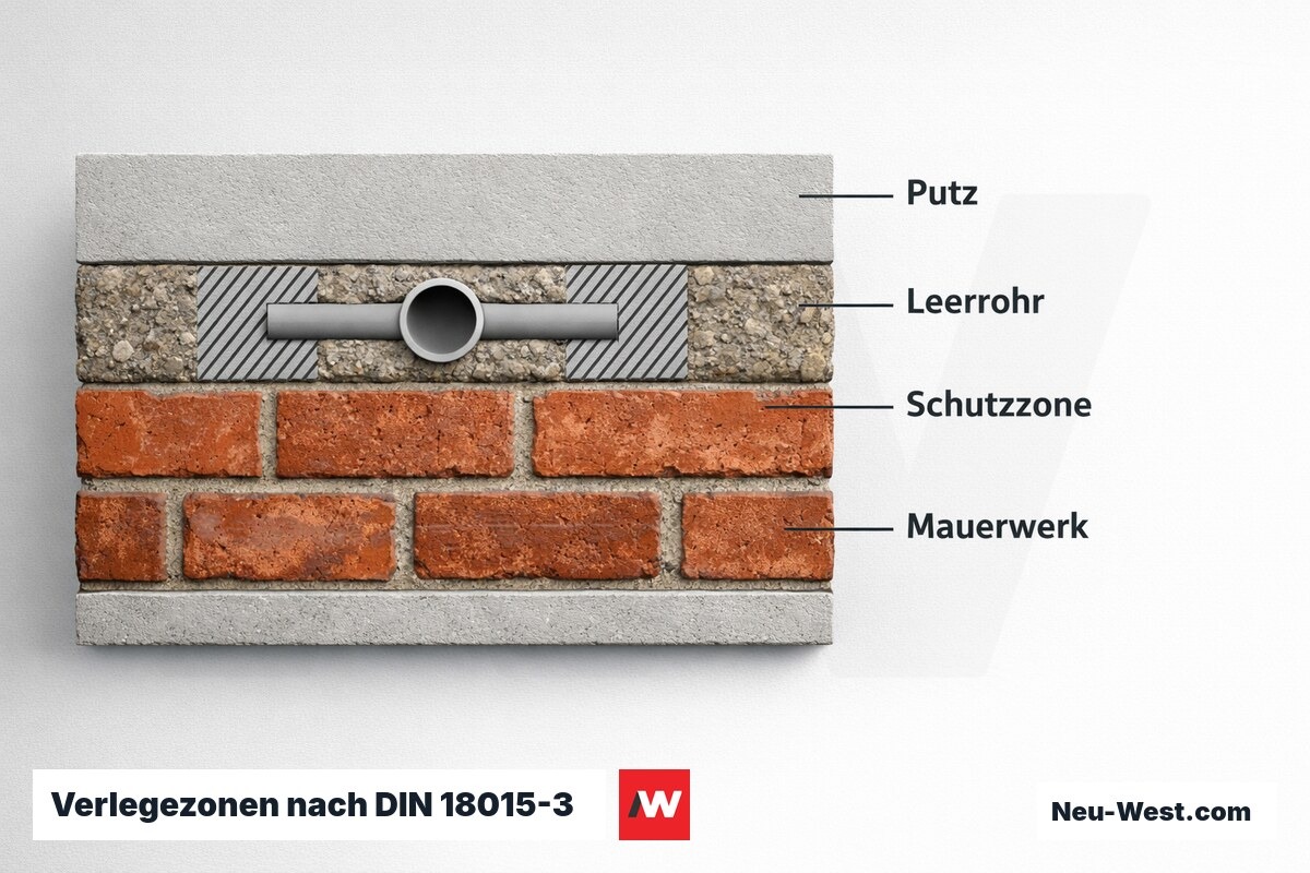 Verlegezonen nach DIN 18015-1 – Wandquerschnitt mit Schutzstreifen – Erklär-Grafik (NEUWEST Berlin)