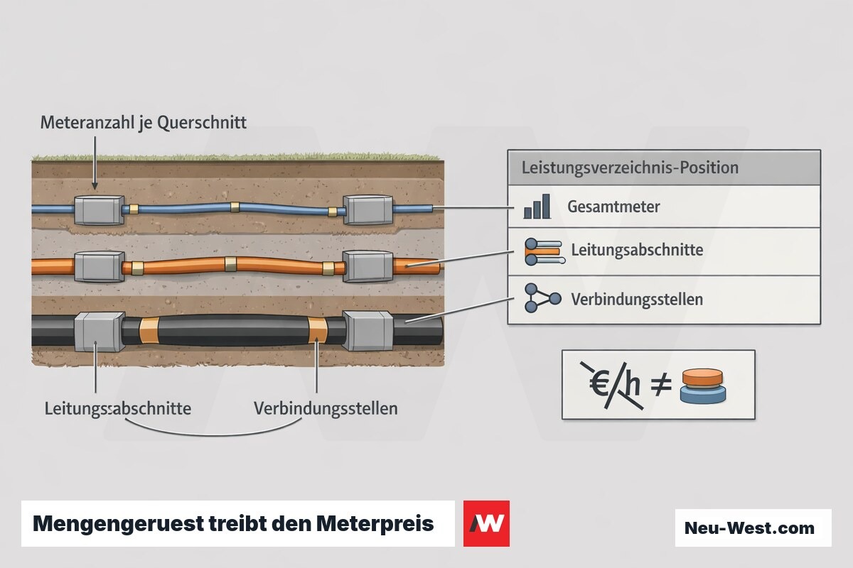 Erklaer-Grafik: Kabelgraben-Querschnitt mit Leitungsabschnitten und Verbindungsstellen neben einer Leistungsverzeichnis-Kostentabelle nach Meter und Querschnitt.