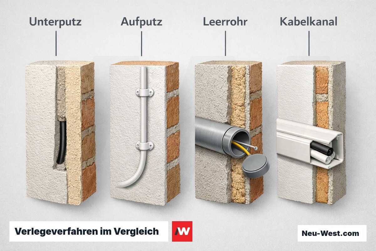 Verlegeverfahren im Vergleich: Schutzgrad, Rueckbaubarkeit, Zeitaufwand – Erklär-Grafik (NEUWEST Berlin)