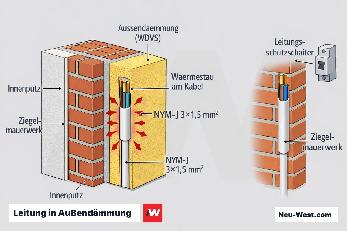 Cutaway einer außengedämmten Wand mit eingebettetem NYM-J-Kabel, das im Dämmstoff einen Wärmestau erzeugt und die Strombelastbarkeit senkt.