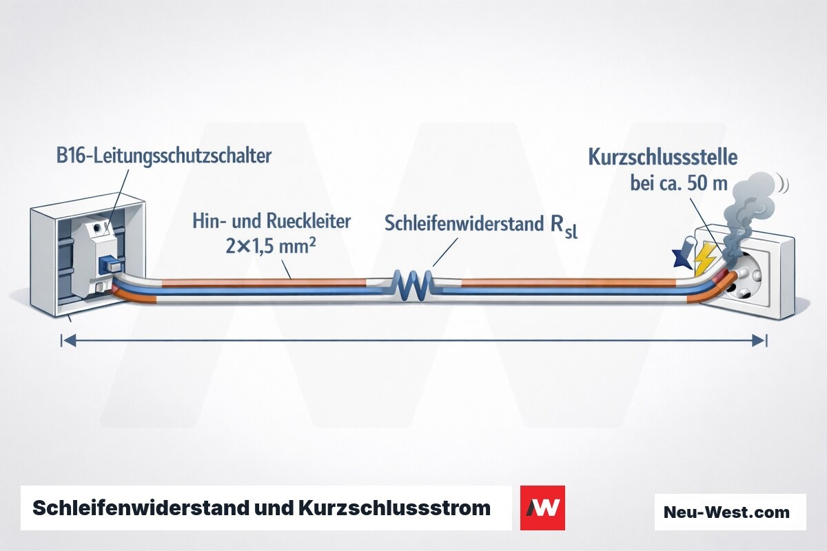 Schema eines Stromkreises mit B16-Automat, NYM-J-Leitung als Hin- und Rückleiter, Schleifenwiderstand und Kurzschlussstelle bei rund 50 Metern Maximallänge.