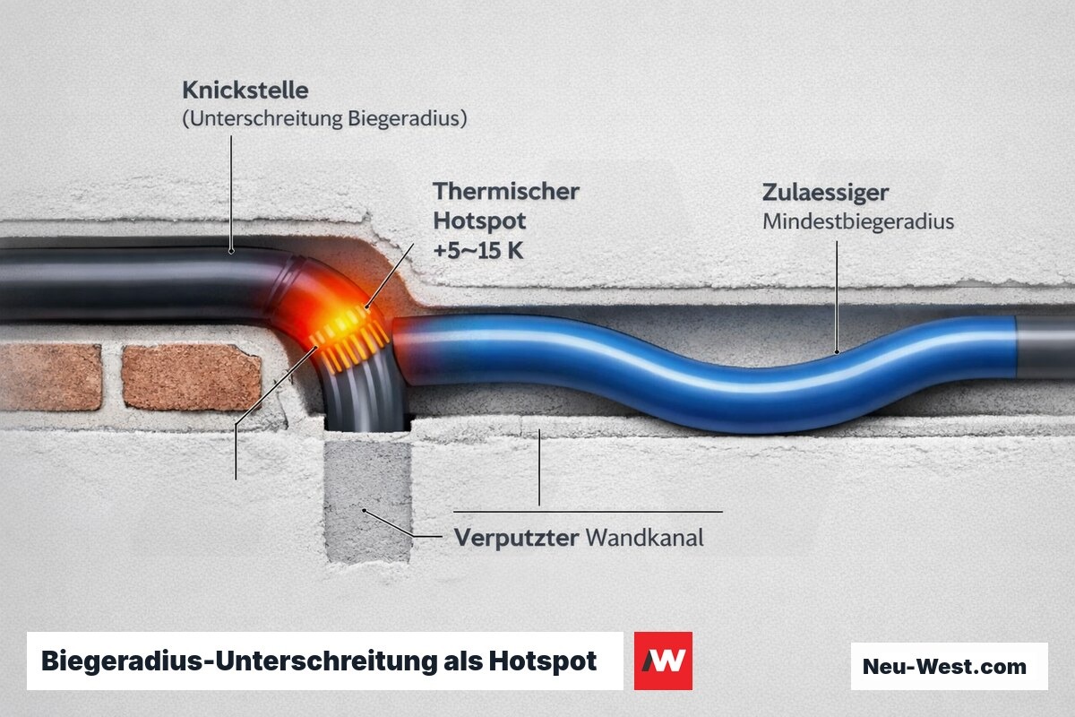 Cutaway einer im Putz verlegten Leitung mit scharfer Knickstelle und thermischem Hotspot gegenueber korrektem Mindestbiegeradius.