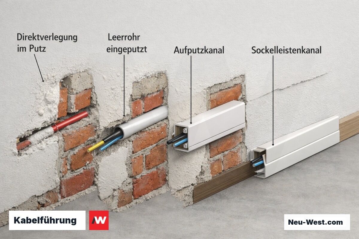 Wandquerschnitt zeigt vier Verlegearten: Direktverlegung im Putz, eingeputztes Leerrohr, Aufputzkanal und Sockelleistenkanal im Vergleich.