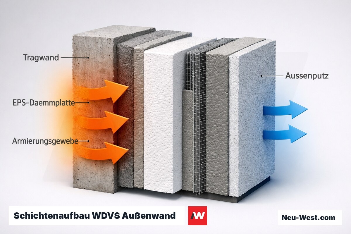 Querschnitt einer gedämmten Außenwand mit WDVS: Tragwand, Dämmplatte, Armierung und Außenputz als Schichtmodell