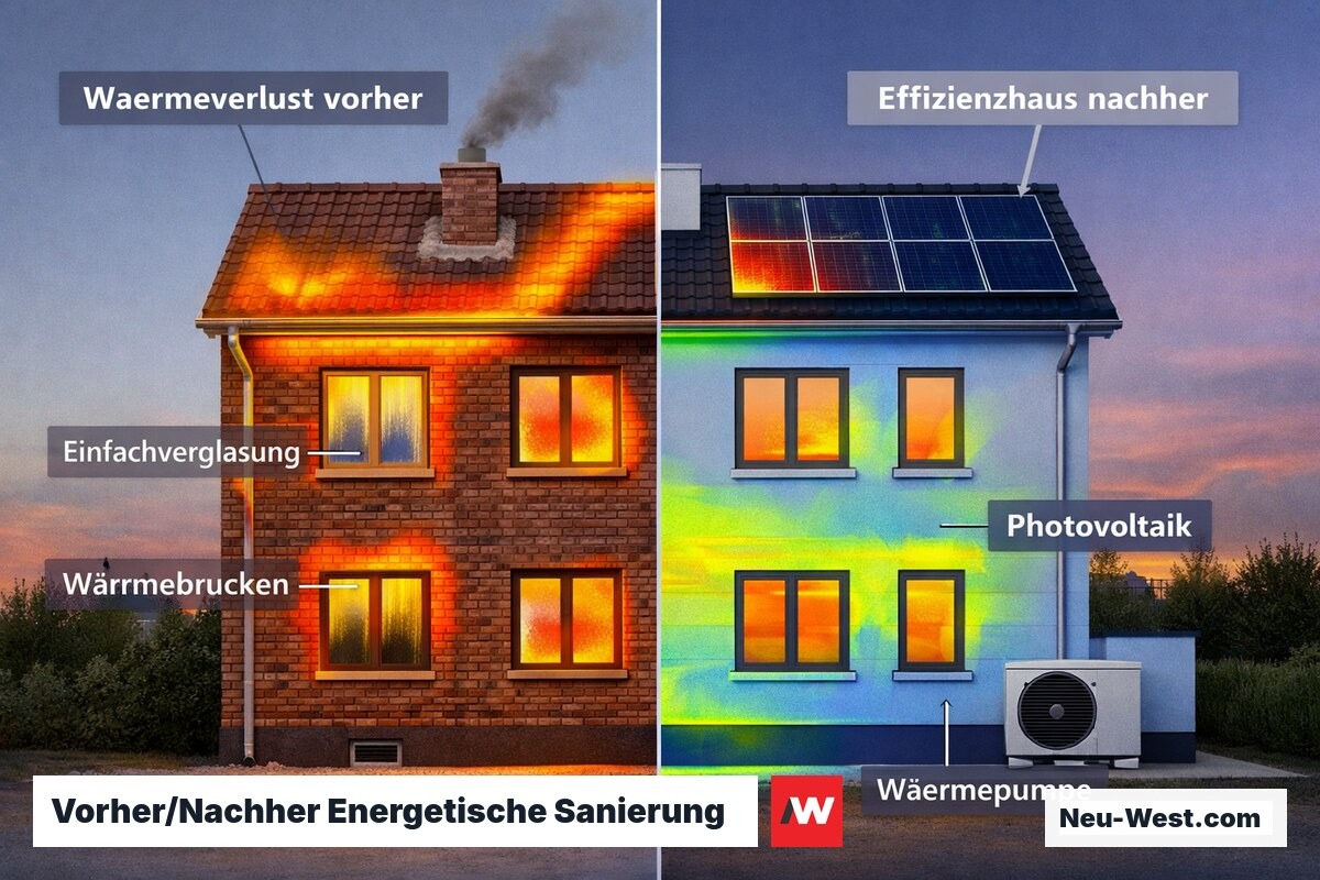 Gebäudevergleich vor und nach energetischer Sanierung mit Thermografie-Overlay zeigt drastisch reduzierten Wärmeverlust