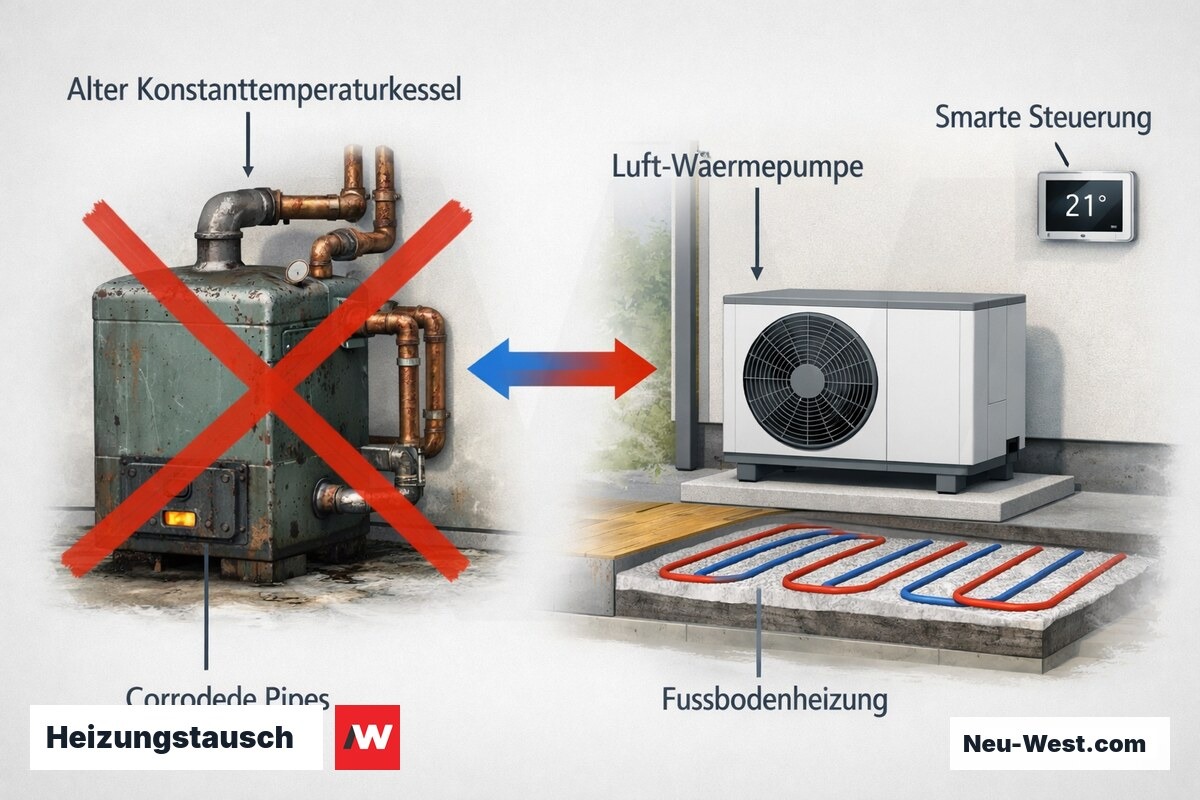 Technischer Vergleich alter Gaskessel versus moderne Luft-Wärmepumpe mit Fußbodenheizung und Kältemittelkreislauf